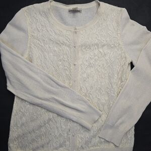 LOFT Lace Front Cardigan Sweater Cream Button Up Romantic Coquette Feminine L